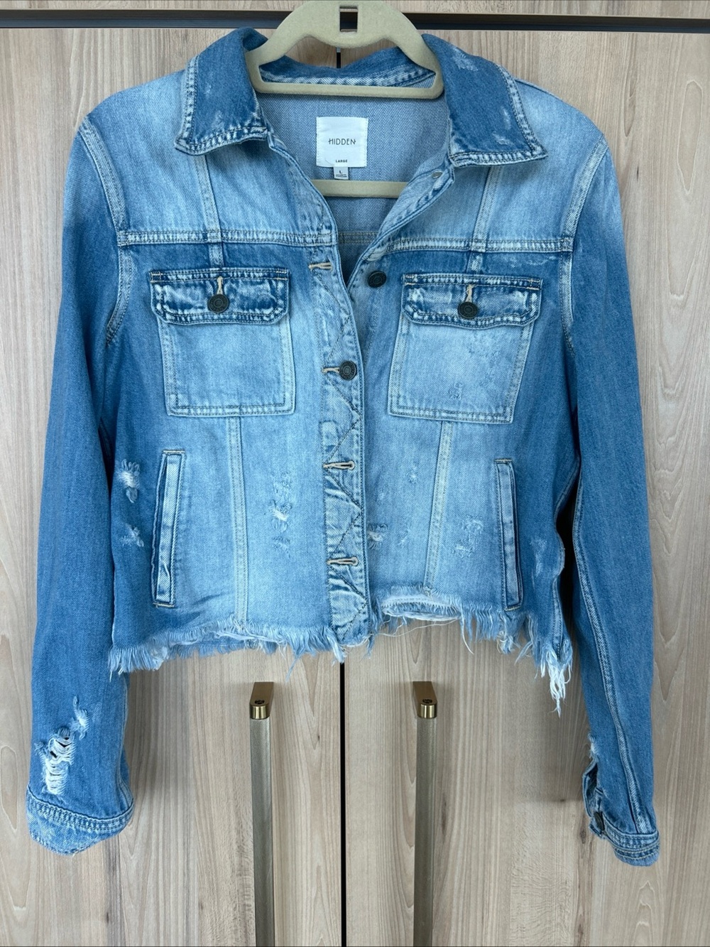 Hidden Jeans Los Angeles Cropped Denim Jacket Frayed Hem Women's Large